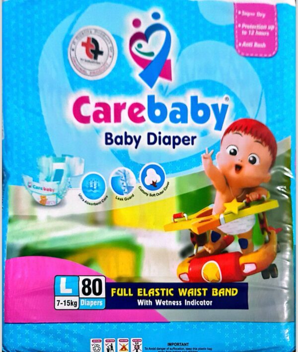 Carebaby Baby Diaper Mega Pack Large Size Diapers with Full Elastic Waist Band With Wetness indicator (80 Diapers)