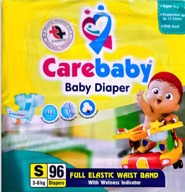 Carebaby Baby Diaper Mega Pack Small Size Diapers with Full Elastic Waist Band With Wetness indicator (96 Diapers)