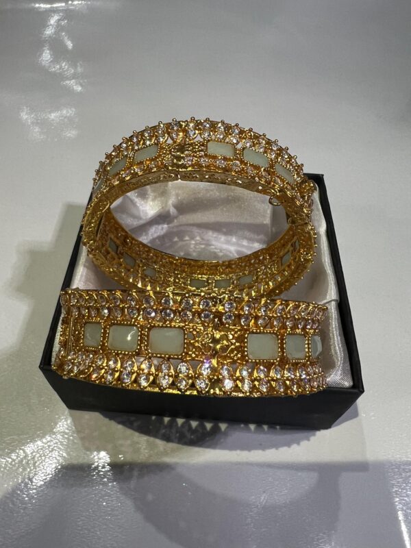 White & Champagne Bangles pair with white glass stone - Image 3