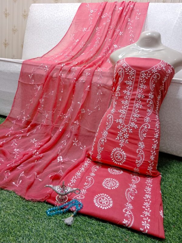 SUMMER COLLECTION 2024 Lawn Stuff 3 piece Suit Chikankari With Jall Dupatta Hand work Embroidery (Unstitched) - Image 4