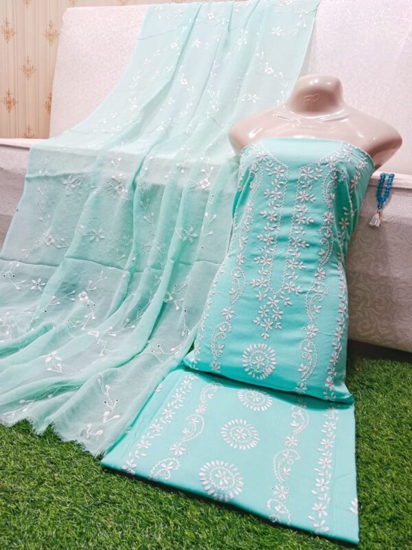 SUMMER COLLECTION 2024 Lawn Stuff 3 piece Suit Chikankari With Jall Dupatta Hand work Embroidery (Unstitched) - Image 3