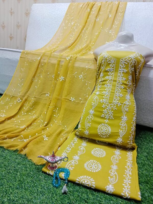 SUMMER COLLECTION 2024 Lawn Stuff 3 piece Suit Chikankari With Jall Dupatta Hand work Embroidery (Unstitched) - Image 7