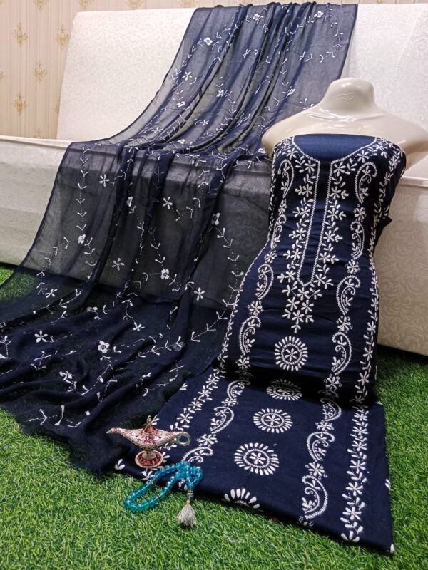 SUMMER COLLECTION 2024 Lawn Stuff 3 piece Suit Chikankari With Jall Dupatta Hand work Embroidery (Unstitched) - Image 6