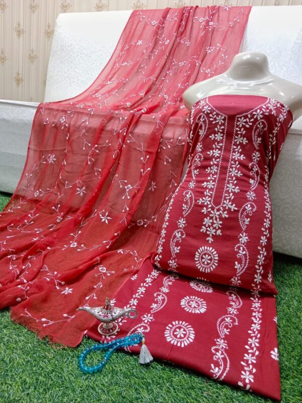 SUMMER COLLECTION 2024 Lawn Stuff 3 piece Suit Chikankari With Jall Dupatta Hand work Embroidery (Unstitched) - Image 5