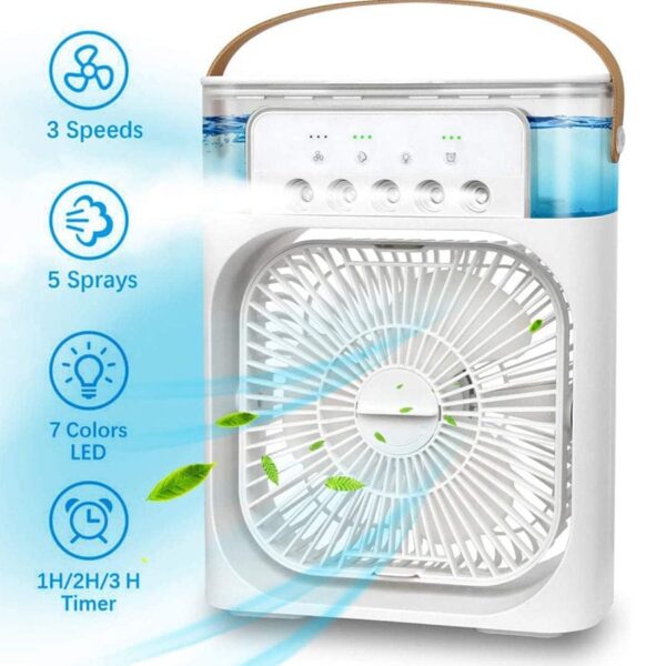Portable Air Conditioner | Mini Air Cooler with 600 ml Water Tank | USB Air Cooler with 3 Wind & 5 Mist Vents, 7 Night Light and 1-3H Timer mode | Cooling Fan for Car, Home, Office and Outdoor - Image 2