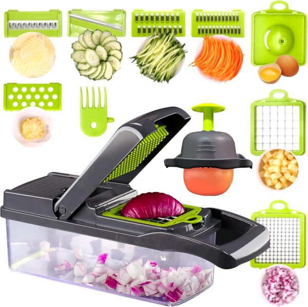 Vegetable Chopper,Multifunction All in 1 Food Chopper Slicer Cutter Dicer for Onion Potato Tomato Cucumber Carrot, Veggie Chopper with 7 Blades and Container (Gray) - Image 2