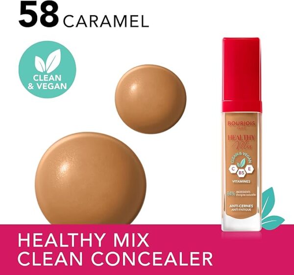 Bourjois Healthy Mix Clean Concealer - Skin Evening Face Makeup - Naturally Covers Imperfections, Dark Circles - Vitamins - Hydrating - Creamy Texture, Easy to Blend - 58 Caramel, 6ml