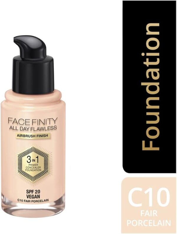 Max Factor Facefinity 3-in-1 All Day Flawless Liquid Foundation, SPF 20-10 Fair Porcelain, 30 ML.