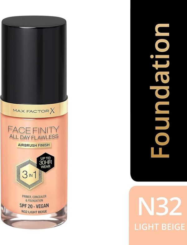 Max Factor Facefinity 3-in-1 All Day Flawless Liquid Foundation, SPF 20-N32 Light Beige, 30 ML.