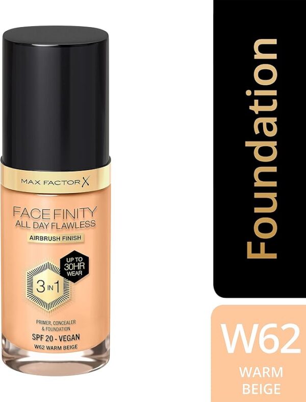 Max Factor Facefinity 3-in-1 All Day Flawless Liquid Foundation, SPF 20-W62 Warm Beige, 30 ML.