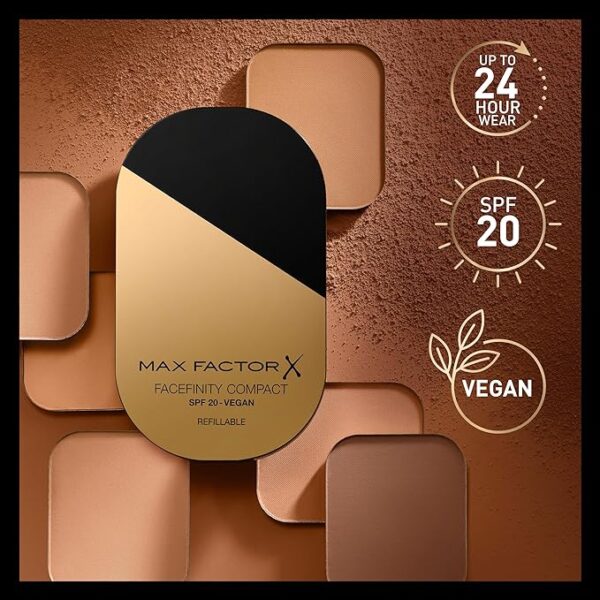 Max Factor Facefinity Compact Foundation, Compact Powder, Refillable Foundation, Vegan Formula, Buildable Full Coverage Foundation & Matte Finish, Up to 24hr Wear, SPF20, 001, Porcelain, 10 Grams - Image 5
