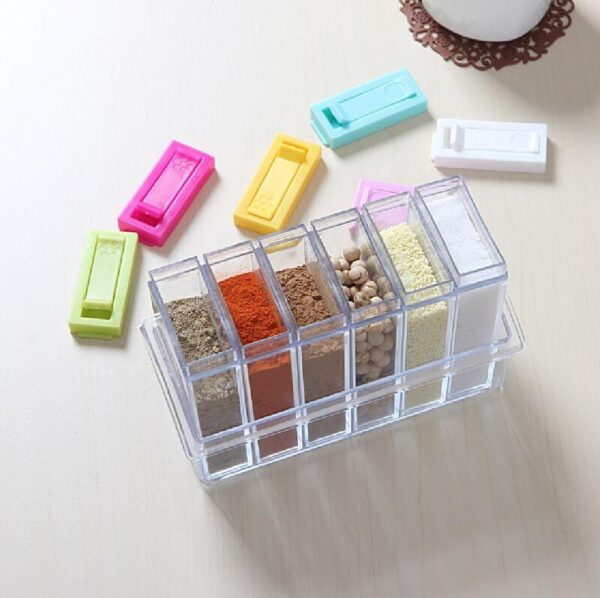 Set of 6 Spice Shaker Jars Seasoning Box Condiment jar Storage Container with Tray for Salt Sugar Cruet Pepper 6 in 1 Rack Crystal lid Piece for Kitchen. - Image 5