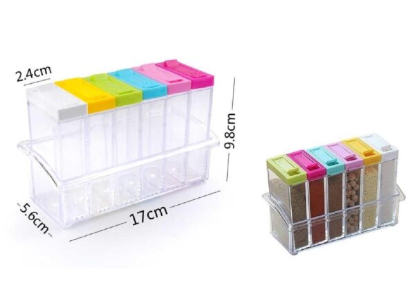 Set of 6 Spice Shaker Jars Seasoning Box Condiment jar Storage Container with Tray for Salt Sugar Cruet Pepper 6 in 1 Rack Crystal lid Piece for Kitchen. - Image 3