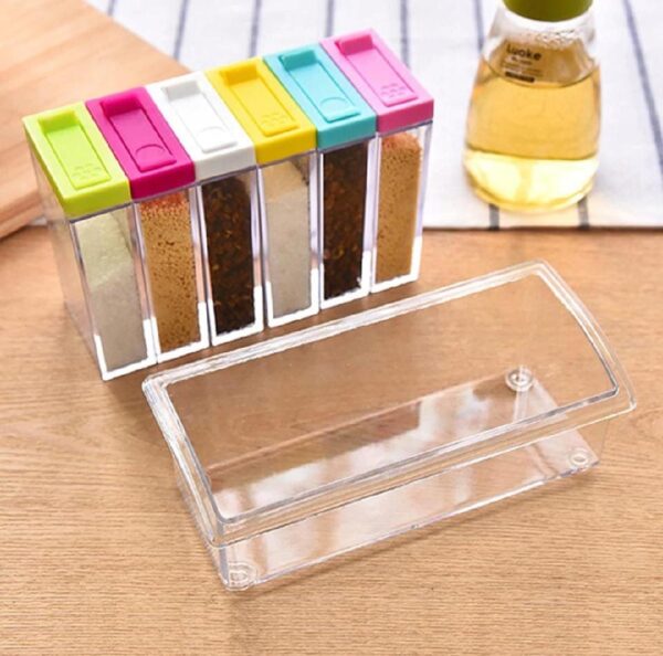 Set of 6 Spice Shaker Jars Seasoning Box Condiment jar Storage Container with Tray for Salt Sugar Cruet Pepper 6 in 1 Rack Crystal lid Piece for Kitchen. - Image 2