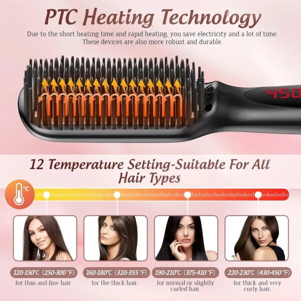 Professional Hair Straightening Brush, 120~230°C Suitable for All Hair Types, Ionic Straightening Brush, Anti-scald Design, Quick and Easy Smoothing.