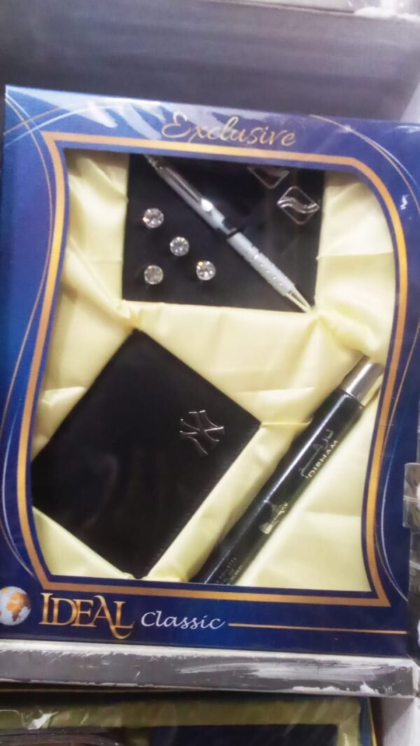 MENS WALLET AND ACCESSORIES GIFT SET(Mini Perfumes +Wallet+Pen +Studs +Buttons)