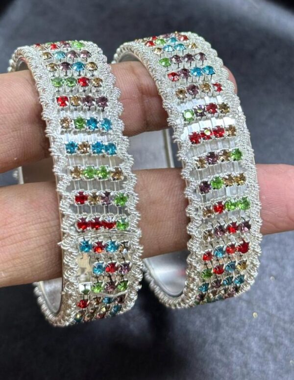 Fancy Bangles Pair set, 2pcs Bangles/Churhi set For Girls & Women, All sizes Available. Golden, Silver with White & Multicolor Beads. - Image 2