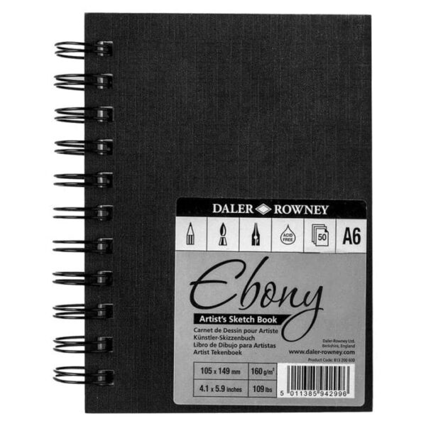 Daler Rowney Ebony Hardback Spiral Sketchbook (Size A6).
