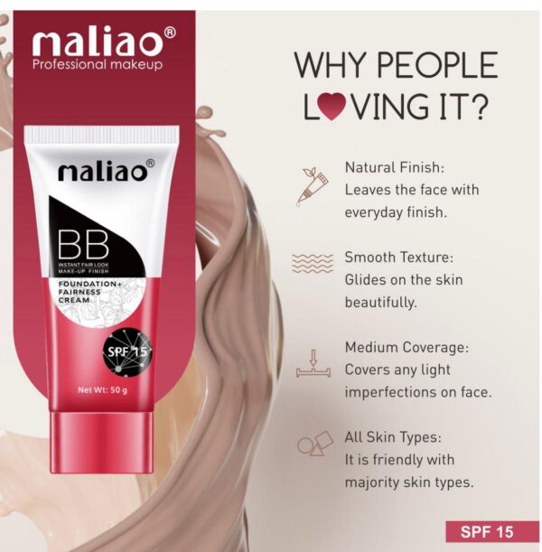 Maliao Professional Bb Instant Fair Look Makeup Finish Foundation + Fairness Cream - Image 3