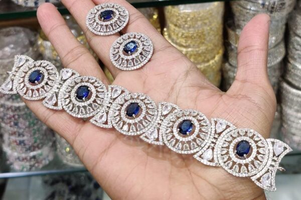 American Diamond Choker Blue sapphire Color Necklace Set with Earrings for Women/Girls