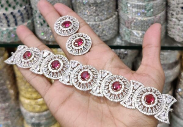American Diamond Choker Rubi Pink Color Necklace Set with Earrings for Women/Girls