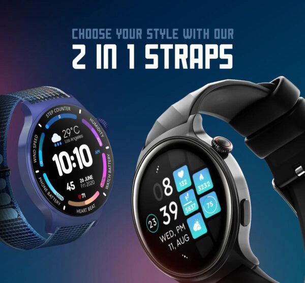 Faster NERV Watch 3 Pro, 1.43 Inches Screen Size, AI Voice Control. Color Black Silicon + Blue Nylon.