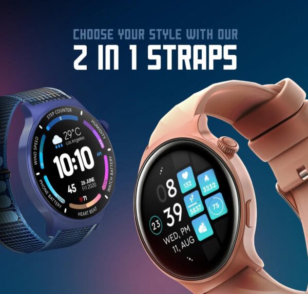 Faster NERV Watch 3 Pro, 1.43 Inches Screen Size, AI Voice Control. Color Pink Silicon +Blue Nylon.