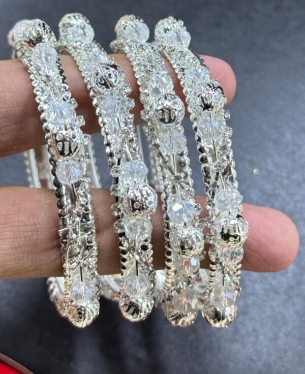 Fancy Bangles Pair set, 4 pcs Bangles/Churhi set For Girls & Women, All sizes Available. Silver with White Beads.