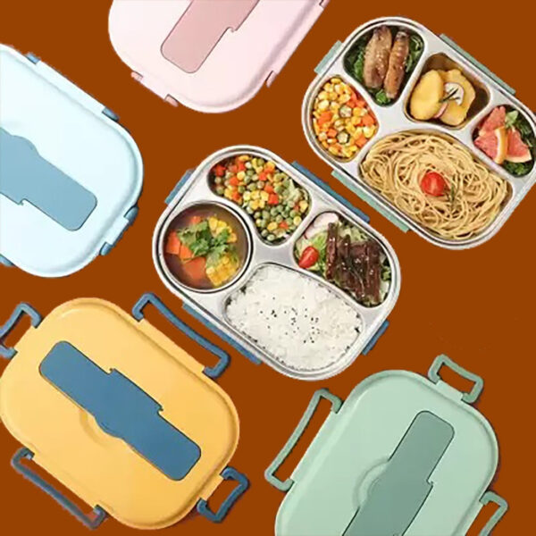 4 Compartment Stainless Steel Lunch Box with Spoon and Chopsticks.
