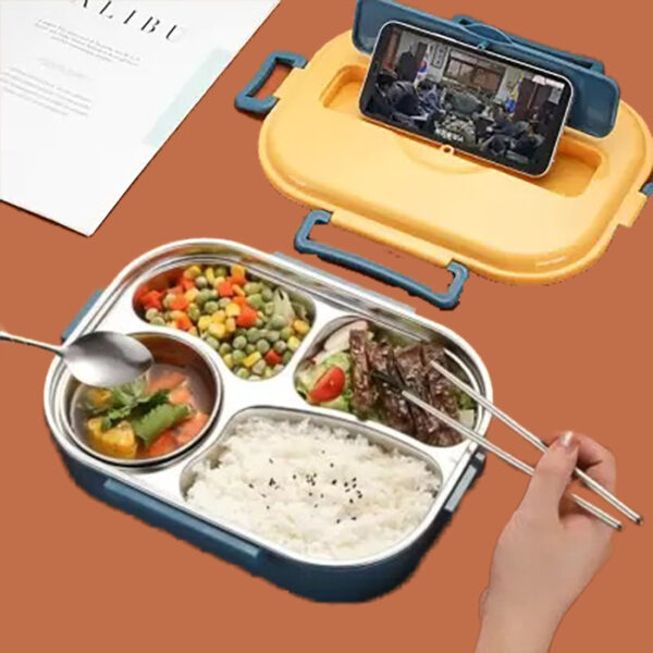 4 Compartment Stainless Steel Lunch Box with Spoon and Chopsticks. - Image 3