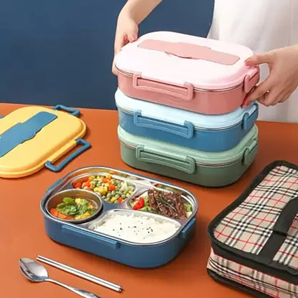 4 Compartment Stainless Steel Lunch Box with Spoon and Chopsticks. - Image 2