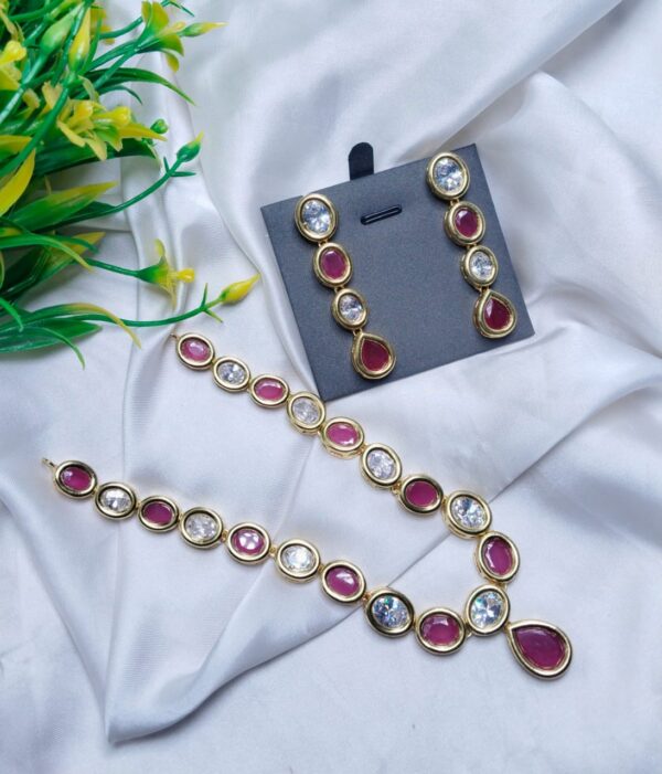 One Caret Wine Color Stones Necklace & Earring Set For Women.