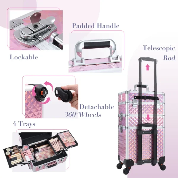 New 3 in1 Multifunction Makeup Case Trolley Nail Hairdresser Beauty Box Rolling Case with locks - Image 3