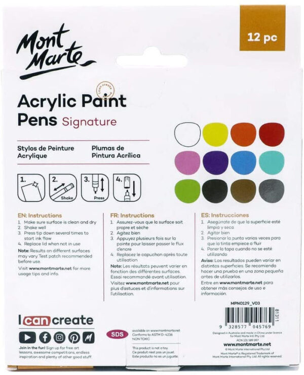 Mont Marte Acrylic Paint Pens Pack Of 12. - Image 2