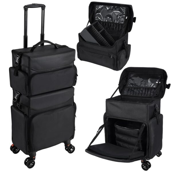 Makeup Travel Case 2in1 Makeup Rolling Case Soft Sided Nylon Makeup Artist Cosmetic Organize Travel Cosmetology Train Case with Wheels, Black Professional Makeup Case - Image 5