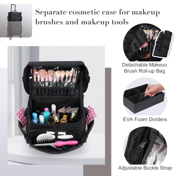 Makeup Travel Case 2in1 Makeup Rolling Case Soft Sided Nylon Makeup Artist Cosmetic Organize Travel Cosmetology Train Case with Wheels, Black Professional Makeup Case - Image 3