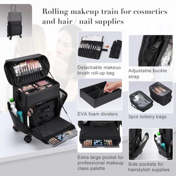 Makeup Travel Case 2in1 Makeup Rolling Case Soft Sided Nylon Makeup Artist Cosmetic Organize Travel Cosmetology Train Case with Wheels, Black Professional Makeup Case - Image 4