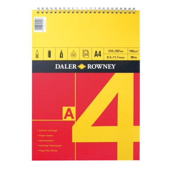 Daler Rowney Smooth Cartridge Paper Spiral Pads 150Gsm 25 Sheets Size A4.