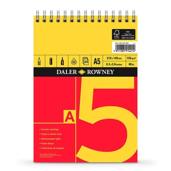 Daler Rowney Smooth Cartridge Paper Spiral Pads 150Gsm 25 Sheets Size A5. - Image 3