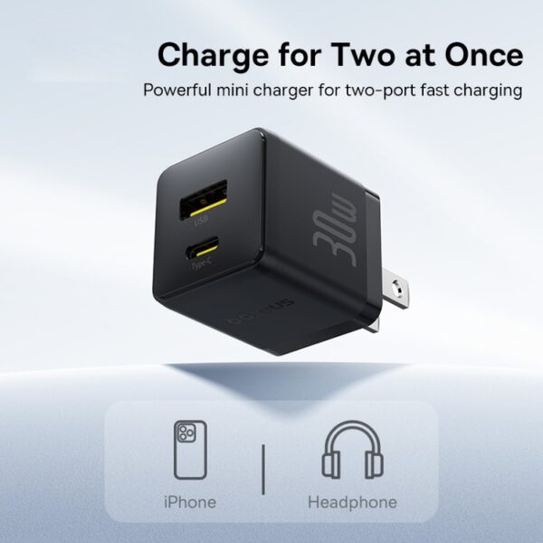 Baseus PD30W USB and USB-C / Type-C Fast Charger With 1m Type-C Cable, Plug Type:US Plug(Black) - Image 3