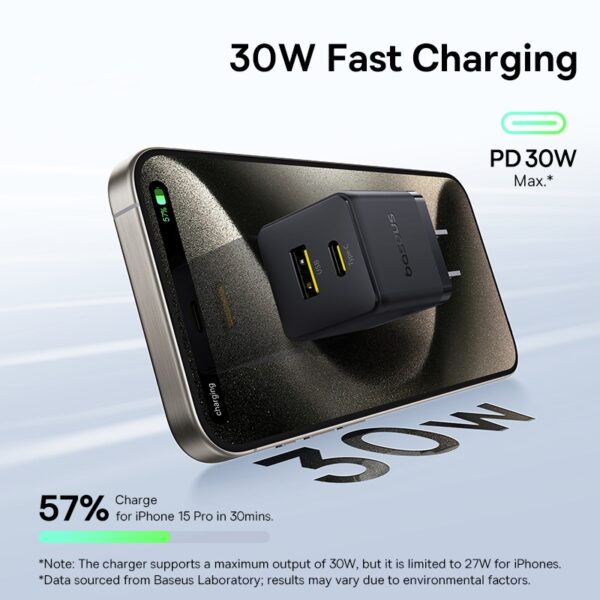 Baseus PD30W USB and USB-C / Type-C Fast Charger With 1m Type-C Cable, Plug Type:US Plug(Black) - Image 4