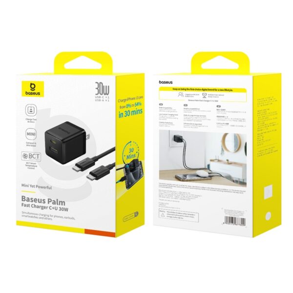 Baseus PD30W USB and USB-C / Type-C Fast Charger With 1m Type-C Cable, Plug Type:US Plug(Black) - Image 7