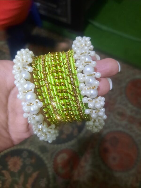 Beautiful Pearl Gajra Kara Set With Silk Bangles Set For Girls  - Image 7
