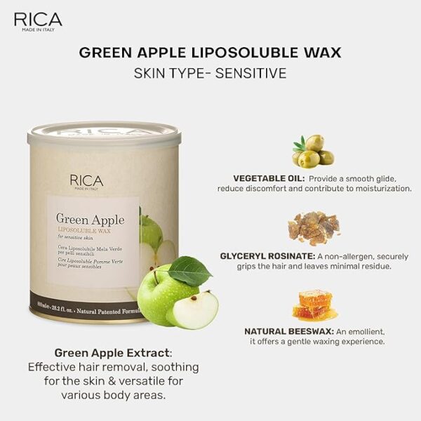 Rica Cosmetics Green Apple Liposoluble Wax, For Sensitive Skin, Delicate Depilation, Natural Formula, Colophony Free, Body Wax, 800 ML. - Image 2