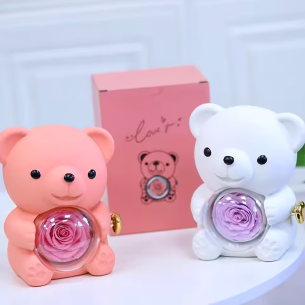 Creative rotating High Quality Romantic Lovely Teddy Bear Eternal Rose Ring Gift Box/Jewelry Box(Available in 4 Colors):
