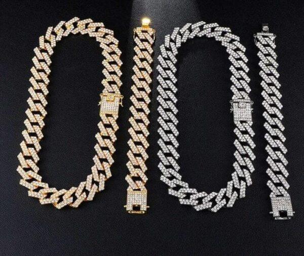 Iced Cubin Chain And Bracelet Set Hip Gold /Silver Color Iced Out Crystal Miami Cuban Chain Necklace And Bracelet Set