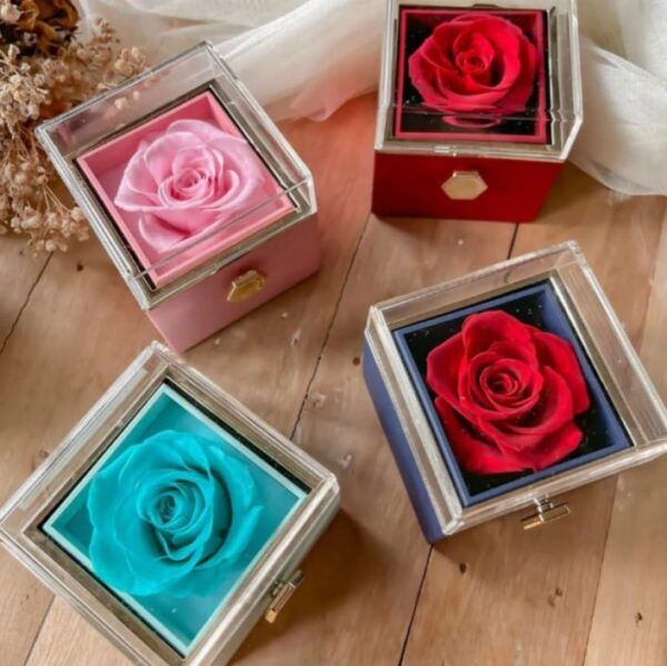 Spin Rose Ring Box Velvet Jewelry Box Eternally Preserved Rose Jewelry Box Rotates 360° Valentine's Day for Her for Romantic Gifts :