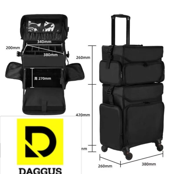 Makeup Travel Case 2in1 Makeup Rolling Case Soft Sided Nylon Makeup Artist Cosmetic Organize Travel Cosmetology Train Case with Wheels, Black Professional Makeup Case - Image 2