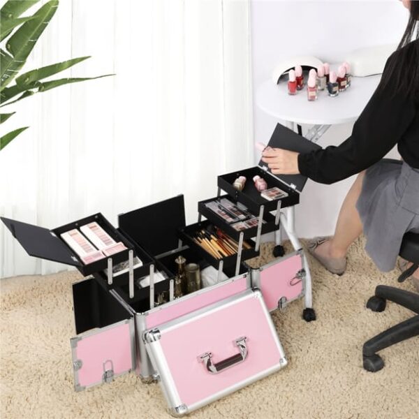 Professional Rolling Train Case Trolley Nails Makeup Beauty Case(Available in Pink and Black) - Image 3