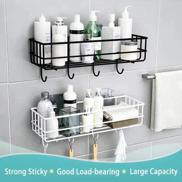 Self-Adhesive Wall Hanging Metal Shelf Storage Rack With Hook (Box Packing): - Image 4